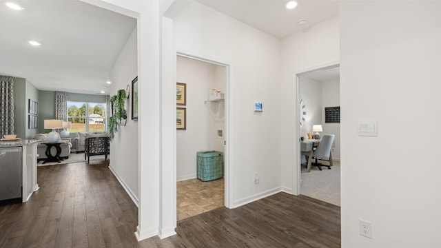 1260 Birch Cir, Grovetown, GA 30813 - corridor featuring dark wood-type flooring, an office area, recessed lighting, and baseboards