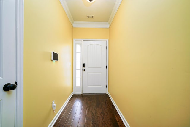 doorway to outside with dark wood-type flooring and crown molding