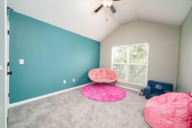 recreation room with carpet flooring, ceiling fan, and lofted ceiling