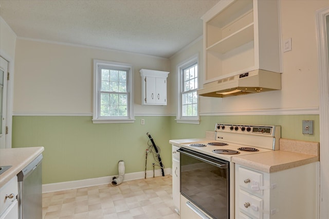 538 Hickman Rd, Augusta, GA 30904 - kitchen featuring white electric stove, open shelves, under cabinet range hood, wainscoting, and light countertops