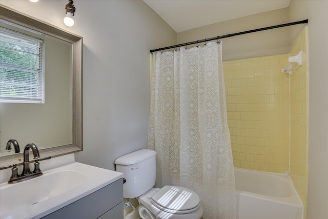 full bathroom with toilet, shower / tub combo, and vanity