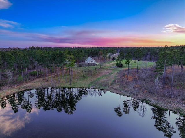aerial view featuring a view of trees and a water view