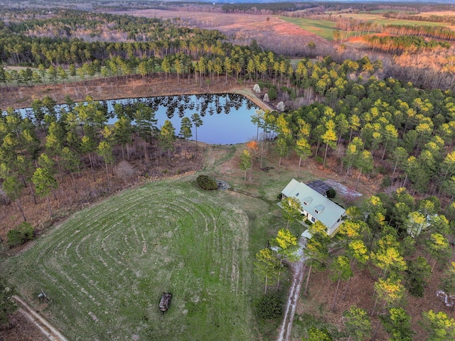 aerial view featuring a water view and a view of trees