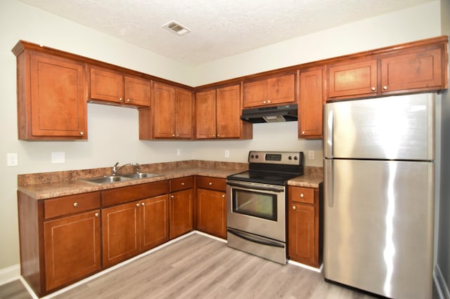 kitchen with sink, light wood-type flooring, a textured ceiling, and appliances with stainless steel finishes