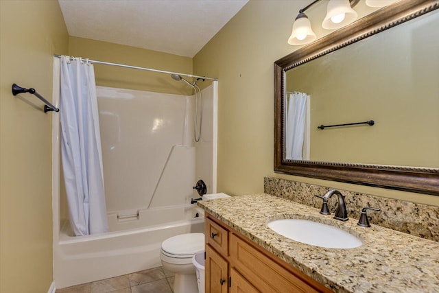 full bathroom featuring tile patterned flooring, shower / bath combo, vanity, and toilet