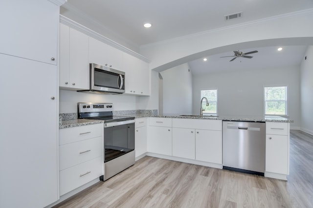 326 Agape Ln, Trenton, SC 29847 - kitchen featuring stainless steel appliances, a peninsula, light wood-type flooring, light stone counters, and ornamental molding