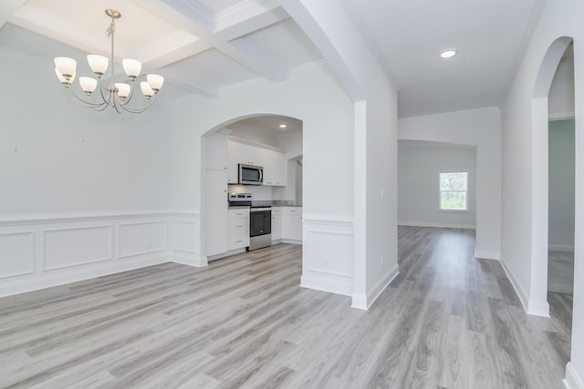 326 Agape Ln, Trenton, SC 29847 - unfurnished dining area featuring a chandelier, light wood-style floors, beamed ceiling, recessed lighting, and wainscoting