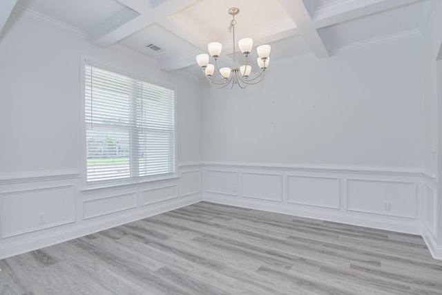 326 Agape Ln, Trenton, SC 29847 - empty room featuring coffered ceiling, a chandelier, beam ceiling, a wainscoted wall, and light wood-type flooring