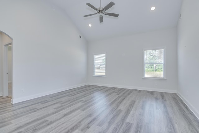 326 Agape Ln, Trenton, SC 29847 - empty room featuring arched walkways, healthy amount of natural light, high vaulted ceiling, ceiling fan, and recessed lighting