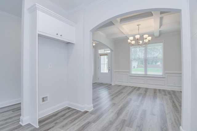 326 Agape Ln, Trenton, SC 29847 - unfurnished dining area featuring arched walkways, light wood-style flooring, beam ceiling, coffered ceiling, and a chandelier