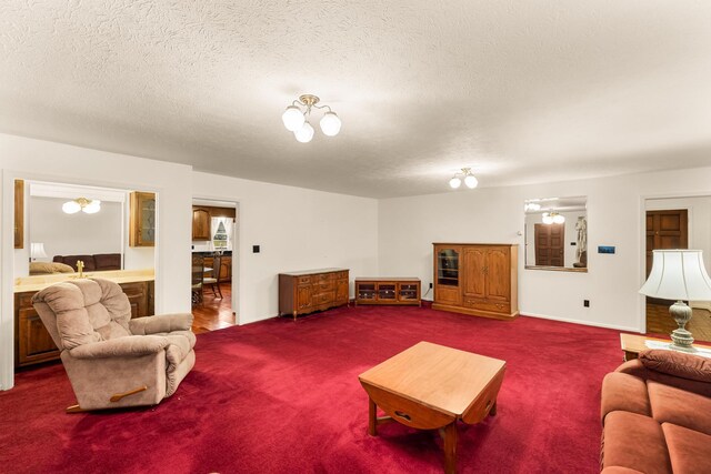 carpeted living room featuring a textured ceiling