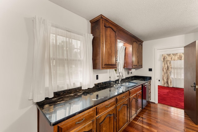 kitchen featuring a wealth of natural light, sink, dark wood-type flooring, stainless steel dishwasher, and a textured ceiling