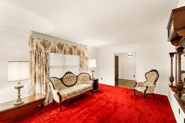 living area featuring a textured ceiling, carpet floors, and ornamental molding