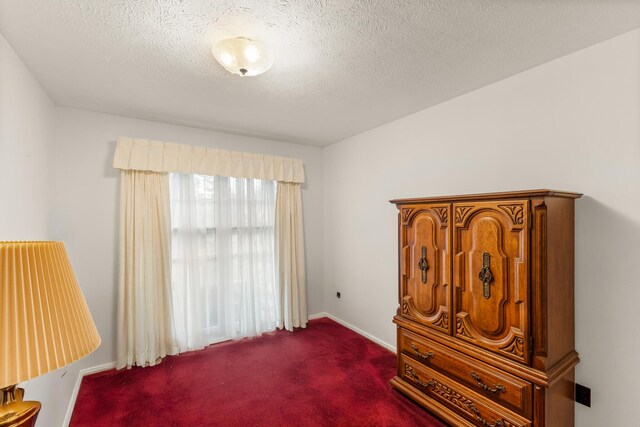 interior space with dark carpet and a textured ceiling