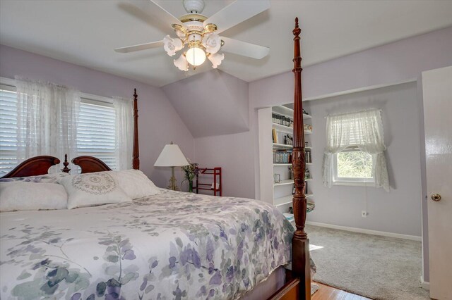 413 Park Dr, Waynesboro, GA 30830 - bedroom featuring baseboards, carpet, lofted ceiling, and ceiling fan