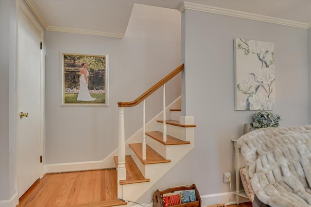 413 Park Dr, Waynesboro, GA 30830 - stairs with crown molding, baseboards, and wood finished floors