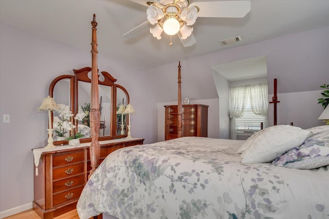 413 Park Dr, Waynesboro, GA 30830 - bedroom featuring visible vents, lofted ceiling, baseboards, and a ceiling fan