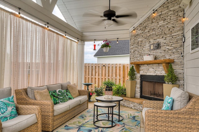 1207 Mary Hill Ct, Evans, GA 30809 - view of patio with fence, a ceiling fan, and an outdoor living space with a fireplace