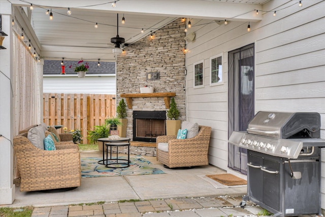 1207 Mary Hill Ct, Evans, GA 30809 - view of patio with an outdoor living space with a fireplace, fence, and a grill