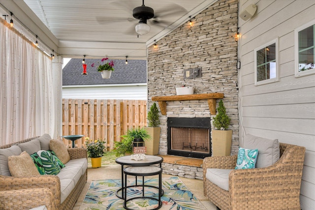 1207 Mary Hill Ct, Evans, GA 30809 - exterior space with ceiling fan, an outdoor living space with a fireplace, and fence