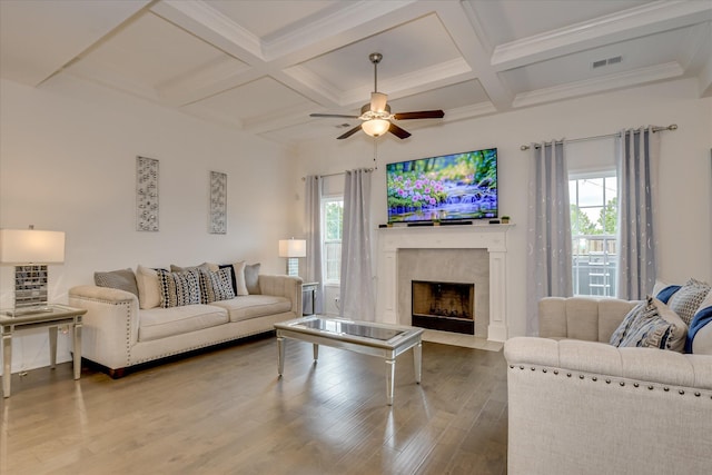 1207 Mary Hill Ct, Evans, GA 30809 - living room featuring a ceiling fan, coffered ceiling, a healthy amount of sunlight, and a fireplace
