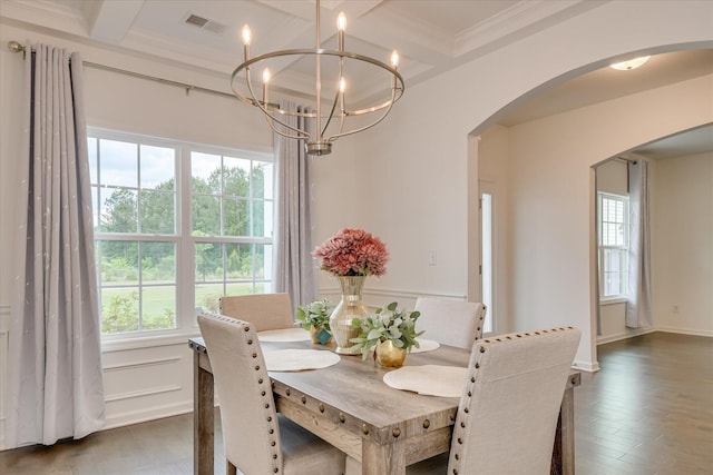 1207 Mary Hill Ct, Evans, GA 30809 - dining area with a notable chandelier, beam ceiling, wood-type flooring, arched walkways, and coffered ceiling