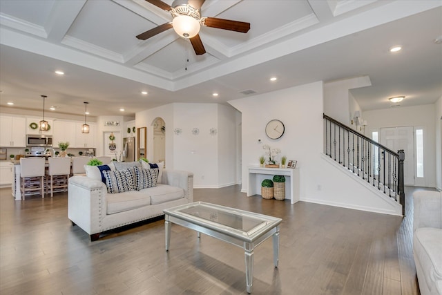 1207 Mary Hill Ct, Evans, GA 30809 - living room featuring stairs, beamed ceiling, ceiling fan, recessed lighting, and coffered ceiling
