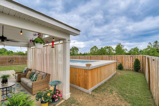 1207 Mary Hill Ct, Evans, GA 30809 - exterior space featuring a fenced in pool, a fenced backyard, a ceiling fan, and outdoor lounge area