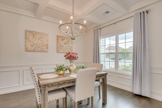 1207 Mary Hill Ct, Evans, GA 30809 - dining area featuring a notable chandelier, a decorative wall, a wealth of natural light, dark wood-type flooring, and coffered ceiling