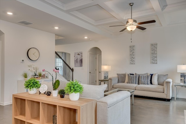 1207 Mary Hill Ct, Evans, GA 30809 - living area featuring arched walkways, a ceiling fan, recessed lighting, and beam ceiling