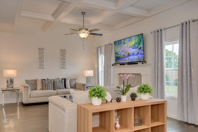 1207 Mary Hill Ct, Evans, GA 30809 - living area featuring coffered ceiling, beamed ceiling, and a ceiling fan