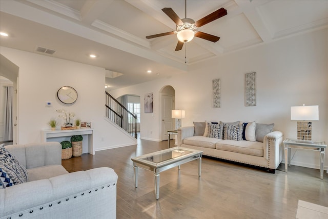 1207 Mary Hill Ct, Evans, GA 30809 - living room featuring arched walkways, a ceiling fan, coffered ceiling, and visible vents