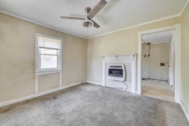 unfurnished living room with ceiling fan, light colored carpet, crown molding, and heating unit