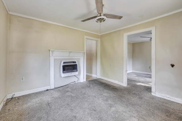 unfurnished living room with carpet floors, heating unit, ceiling fan, and crown molding