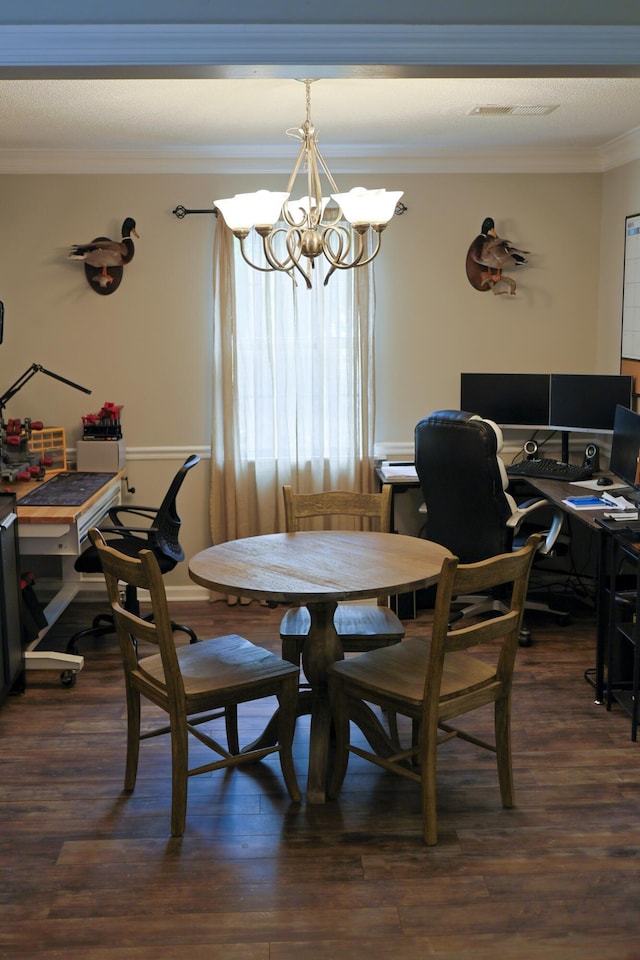 650 Kemper Dr, Evans, GA 30809 - dining room with crown molding, dark wood finished floors, a chandelier, and a desk