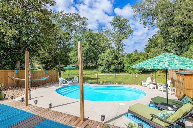 view of pool featuring a lawn and a patio area