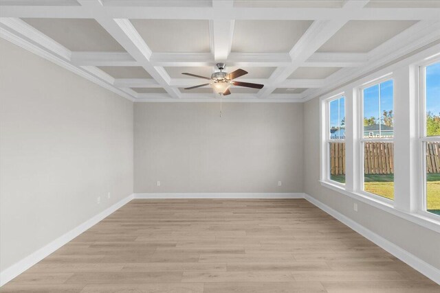 unfurnished room with light wood-style floors, baseboards, and coffered ceiling