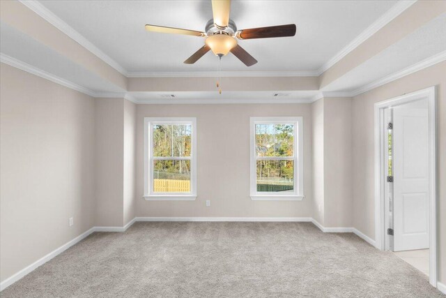 unfurnished room with baseboards, a tray ceiling, crown molding, and light colored carpet