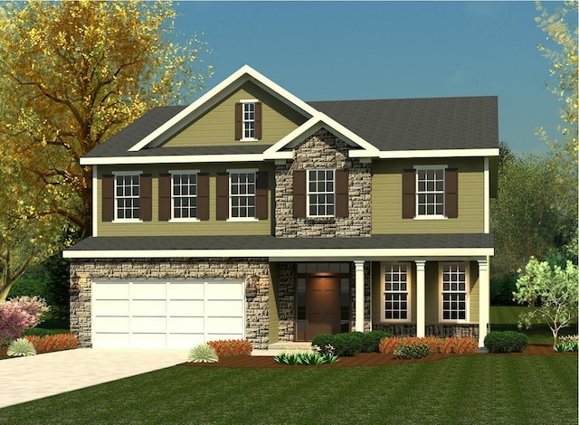 view of front of home with covered porch, a garage, and a front lawn