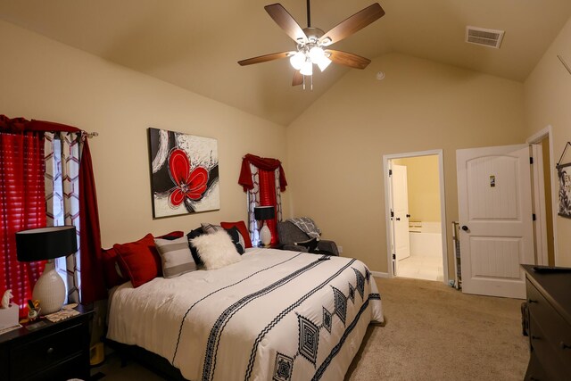 1222 Jessie Way, Augusta, GA 30906 - carpeted bedroom featuring a ceiling fan, vaulted ceiling, ensuite bath, and visible vents