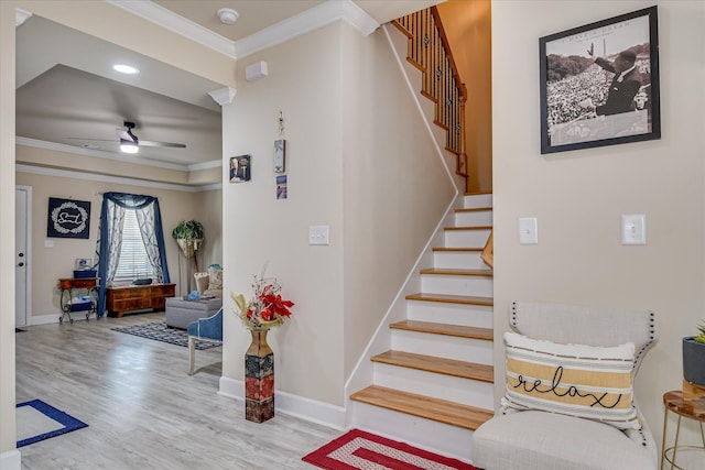 1222 Jessie Way, Augusta, GA 30906 - stairway featuring ceiling fan, wood finished floors, baseboards, ornamental molding, and recessed lighting