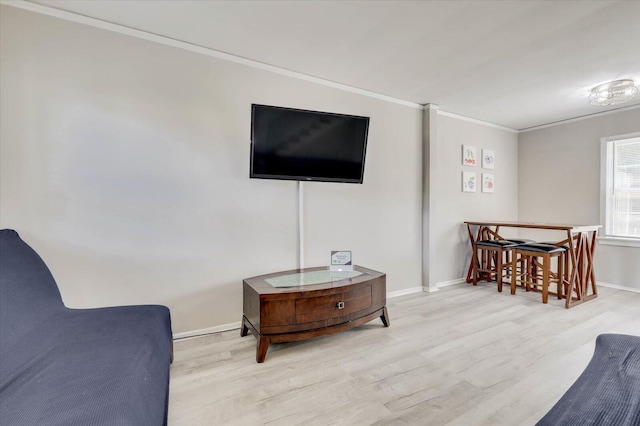 living room with crown molding and light hardwood / wood-style floors