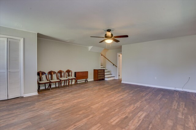 813 Hammond Dr, North Augusta, SC 29841 - empty room featuring wood finished floors, ceiling fan, baseboards, stairs, and ornamental molding