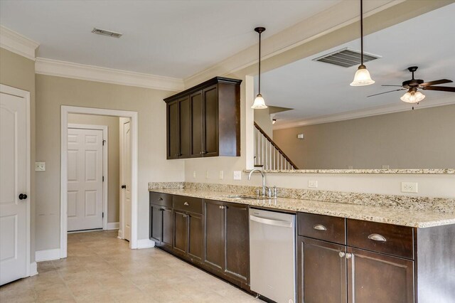 kitchen featuring ceiling fan, dishwasher, sink, pendant lighting, and ornamental molding