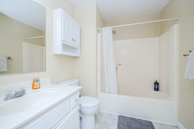 bathroom featuring vanity, shower / bath combination with curtain, and toilet