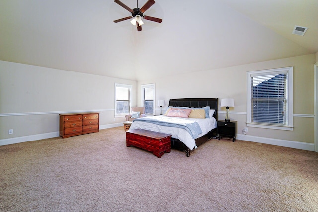 bedroom with lofted ceiling, carpet floors, and ceiling fan