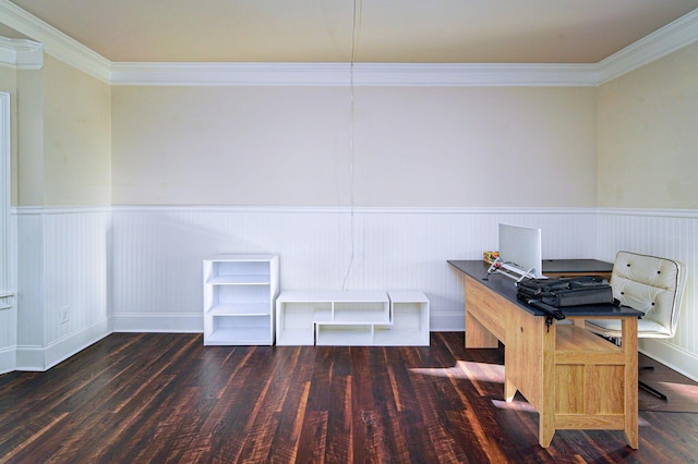 unfurnished office with dark wood-type flooring and crown molding