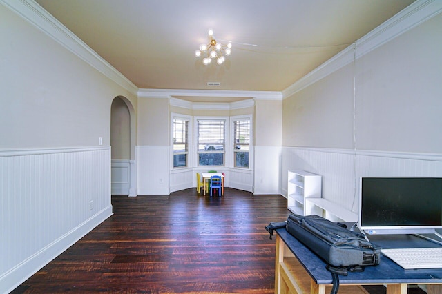 home office featuring ornamental molding, dark hardwood / wood-style flooring, and a notable chandelier