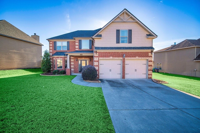 craftsman inspired home with a garage and a front lawn