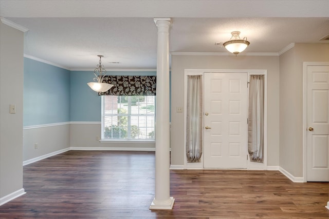 4610 Mulberry Creek Dr, Evans, GA 30809 - foyer with wood finished floors, ornamental molding, decorative columns, and a textured ceiling